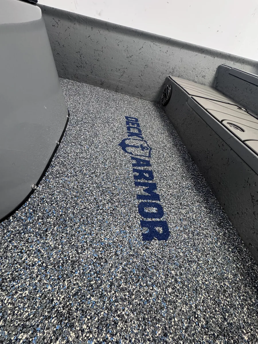 Custom Deck Armor logo inlay troweled into a boat deck