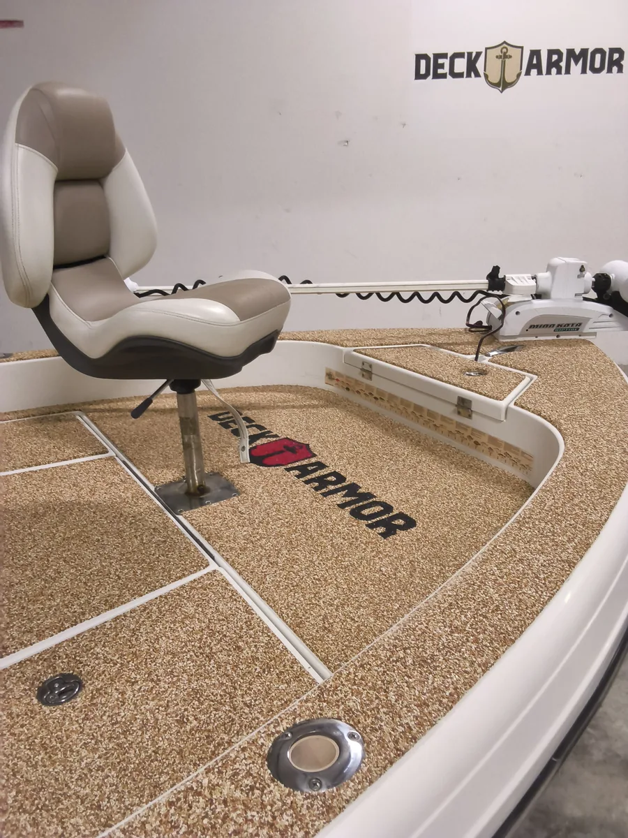 Custom Deck Armor logo inlay on a bay boat bow