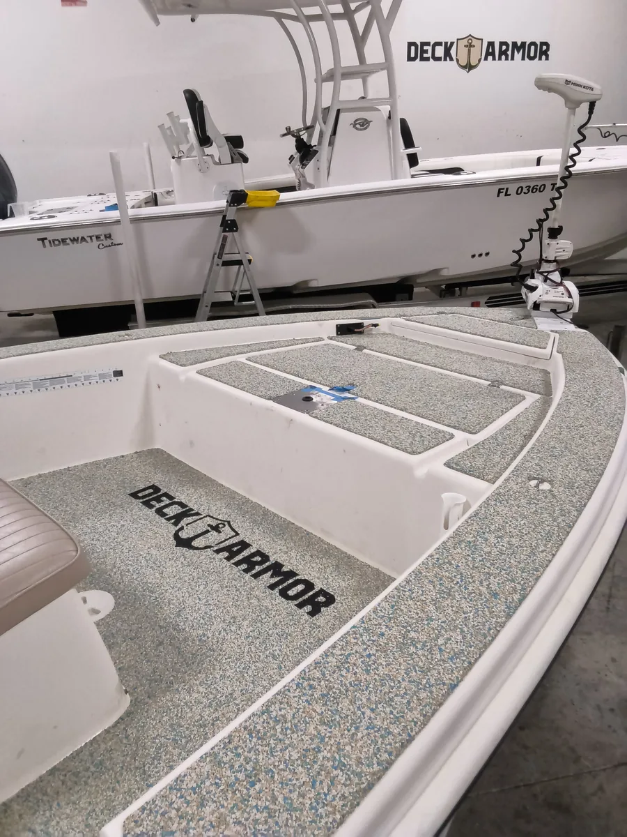 Deck Armor lettering inlay on a bow deck